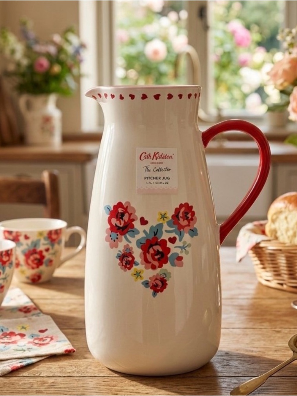 Cath Kidston Pitcher Jug with Red Handle and Floral Heart